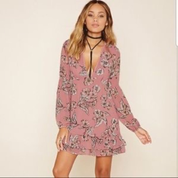 Forever 21 Dresses & Skirts - Forever 21 long sleeve pink floral boho mini dress medium